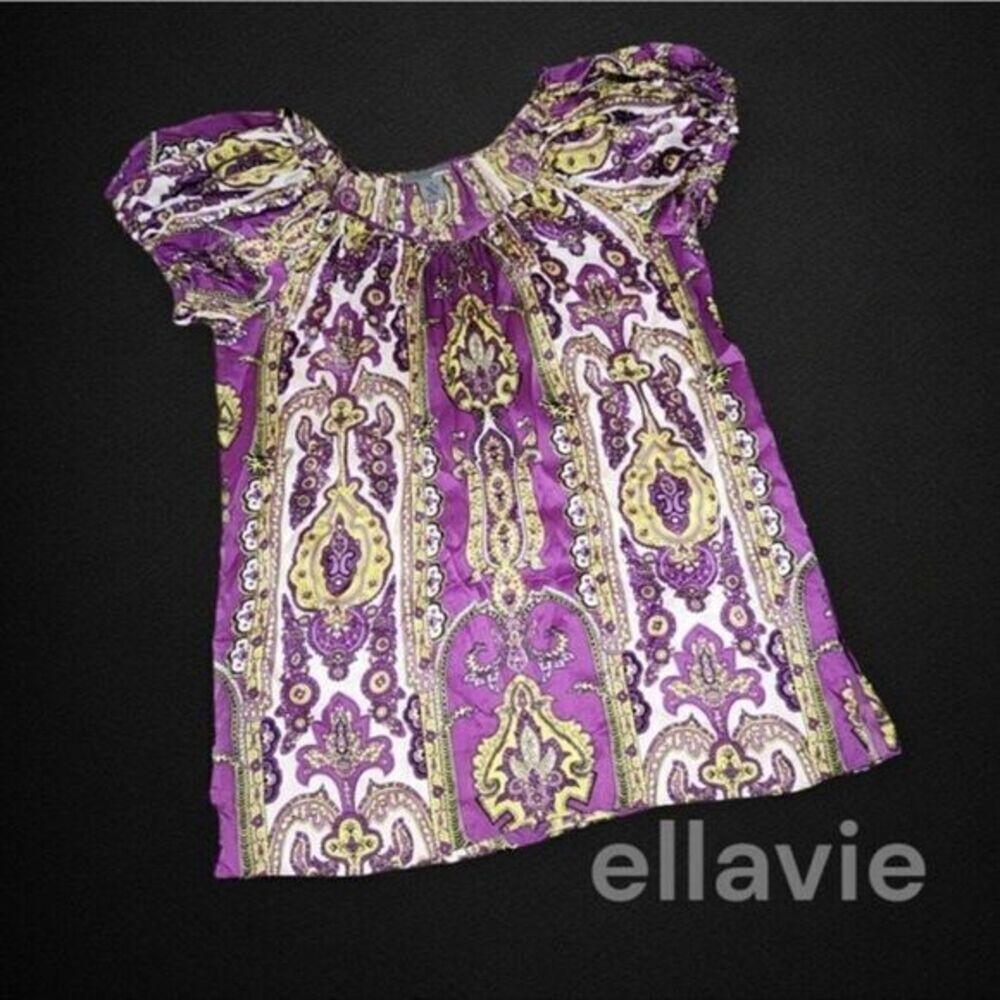 Ellavie Silk Blouse Womens Paisley Puff Sleeve Purple Lime Green Small 4